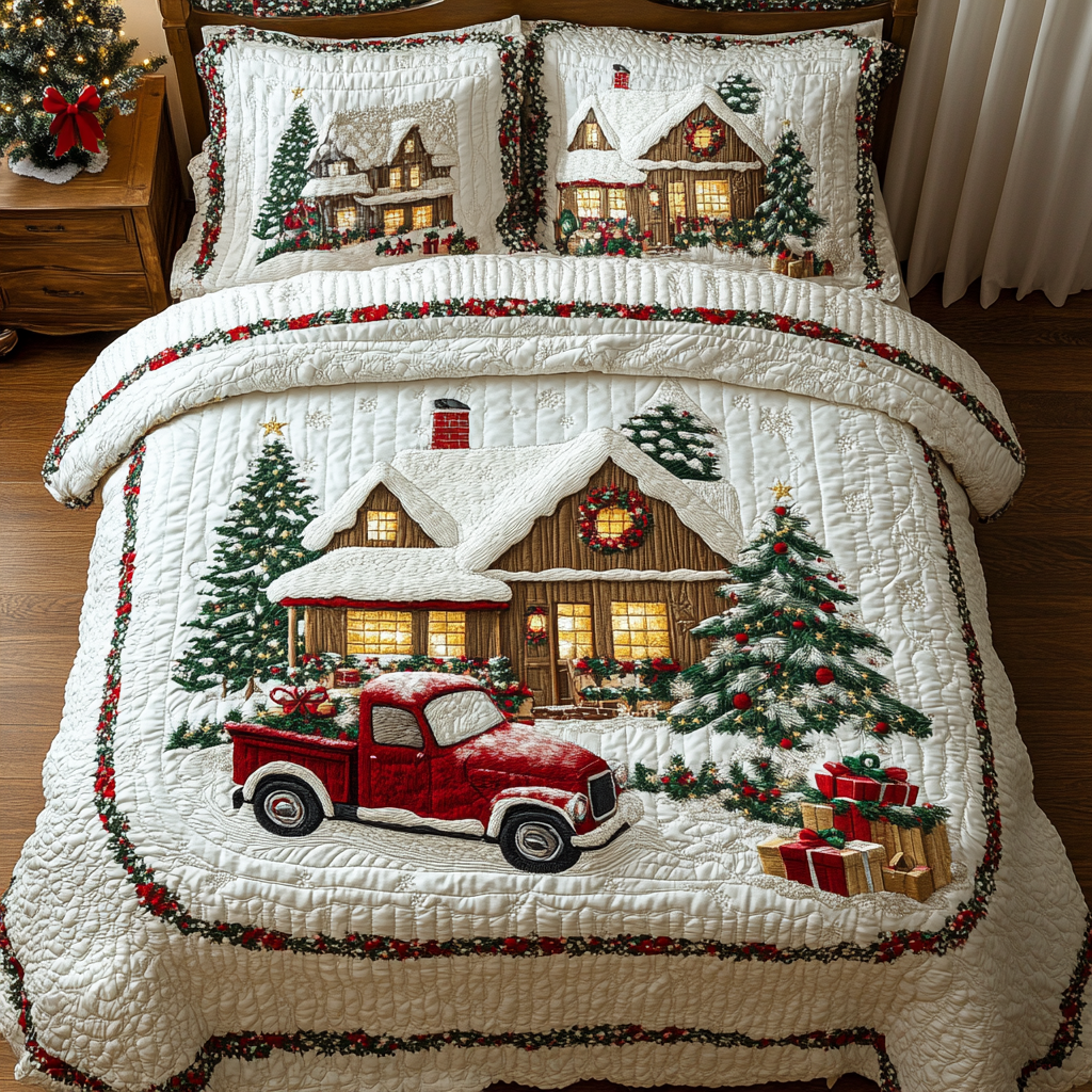 Vintage Red Truck And Cabin 3-Piece Quilted Bedding Set GFTONL1319