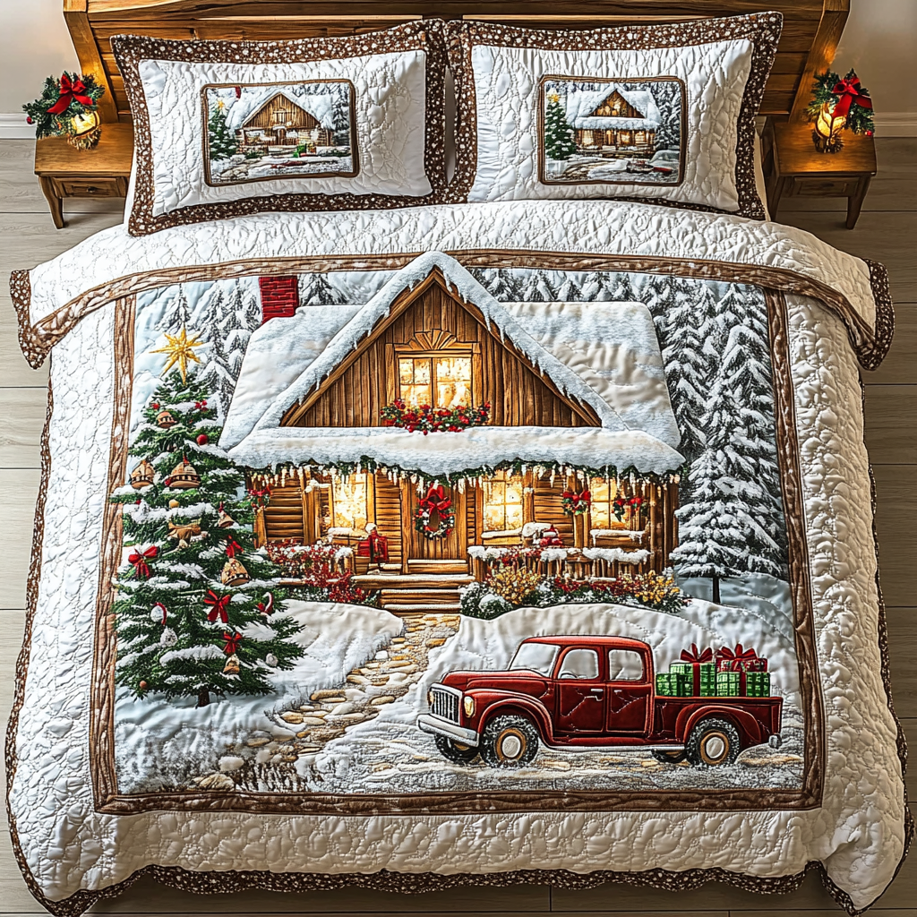 Vintage Red Truck And Cabin 3-Piece Quilted Bedding Set GFTONL1322