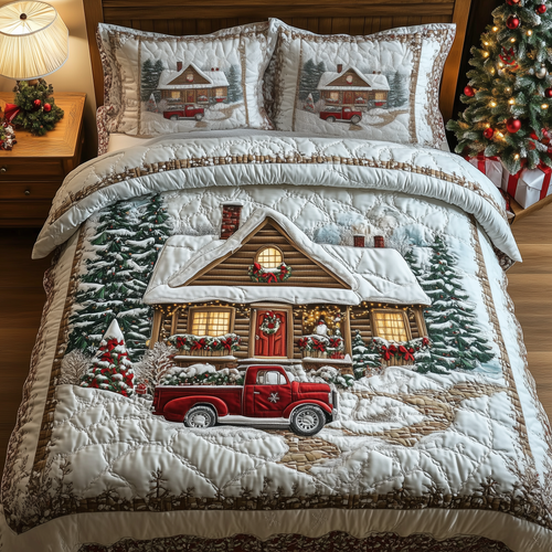 Vintage Red Truck And Cabin 3-Piece Quilted Bedding Set GFTONL1323