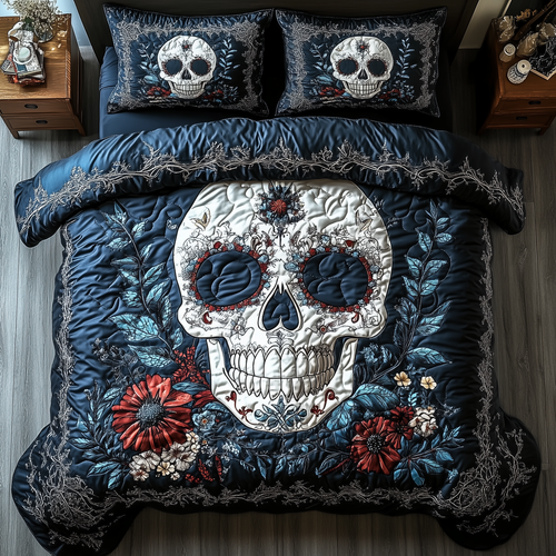 Cyan Vintage Skull 3-Piece Quilted Bedding Set GFTONL1350