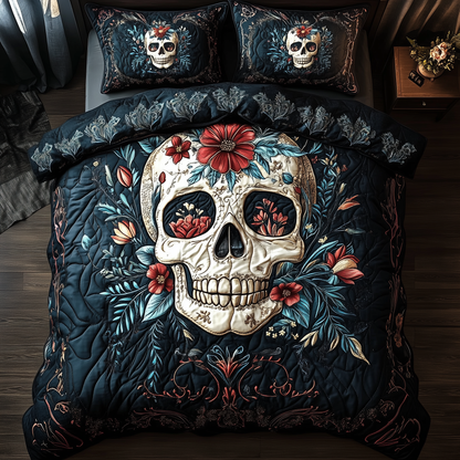 Cyan Vintage Skull 3-Piece Quilted Bedding Set GFTONL1352