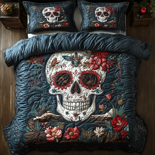 Cyan Vintage Skull 3-Piece Quilted Bedding Set GFTONL1354