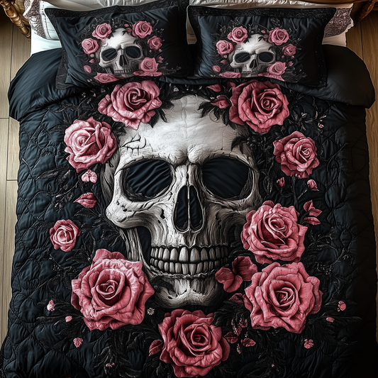 Vintage Black And Rose Skull 3-Piece Quilted Bedding Set GFTONL1357