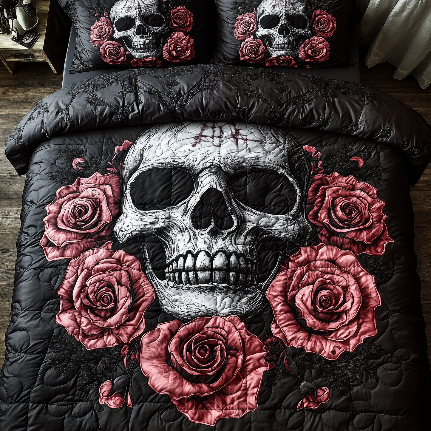 Vintage Black And Rose Skull 3-Piece Quilted Bedding Set GFTONL1358