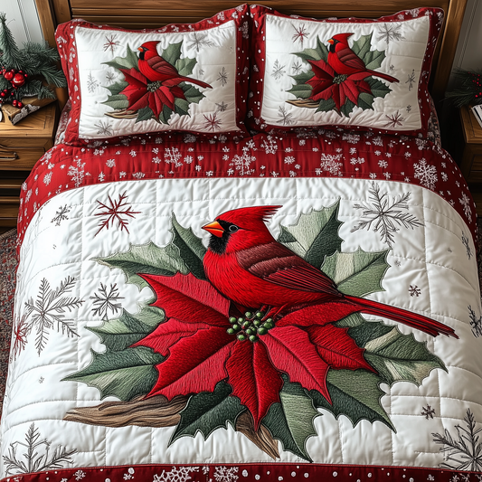 Vintage Cardinal Poinsettia Flower 3-Piece Quilted Bedding Set GFTONL1379