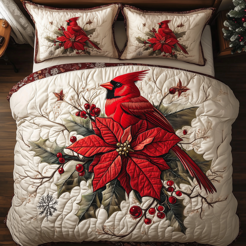 Vintage Cardinal Poinsettia Flower 3-Piece Quilted Bedding Set GFTONL1381