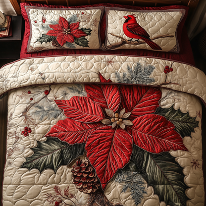 Vintage Cardinal Poinsettia Flower 3-Piece Quilted Bedding Set GFTONL1383