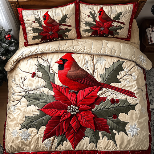 Vintage Cardinal Poinsettia Flower 3-Piece Quilted Bedding Set GFTONL1384