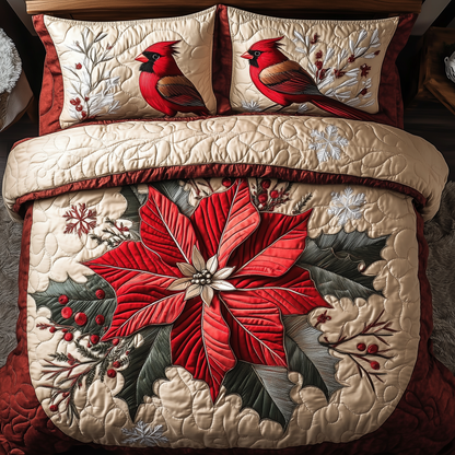 Vintage Cardinal Poinsettia Flower 3-Piece Quilted Bedding Set GFTONL1386