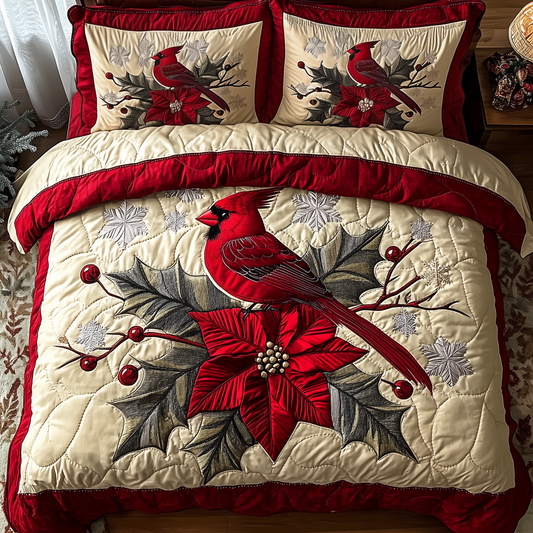 Vintage Cardinal Poinsettia Flower 3-Piece Quilted Bedding Set GFTONL1387