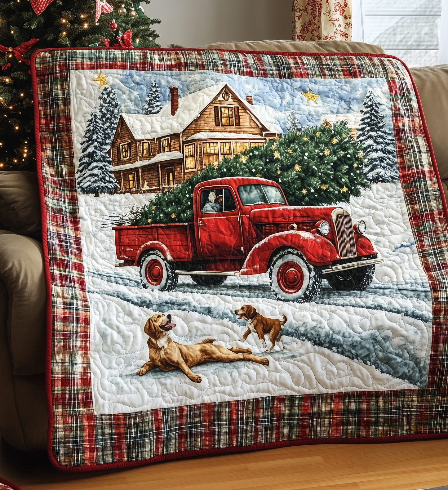 Cheerful Christmas Red Truck Quilted Blanket GFTONL189