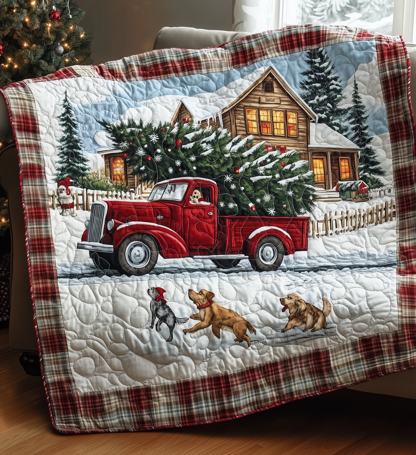 Cheerful Christmas Red Truck Quilted Blanket GFTONL191