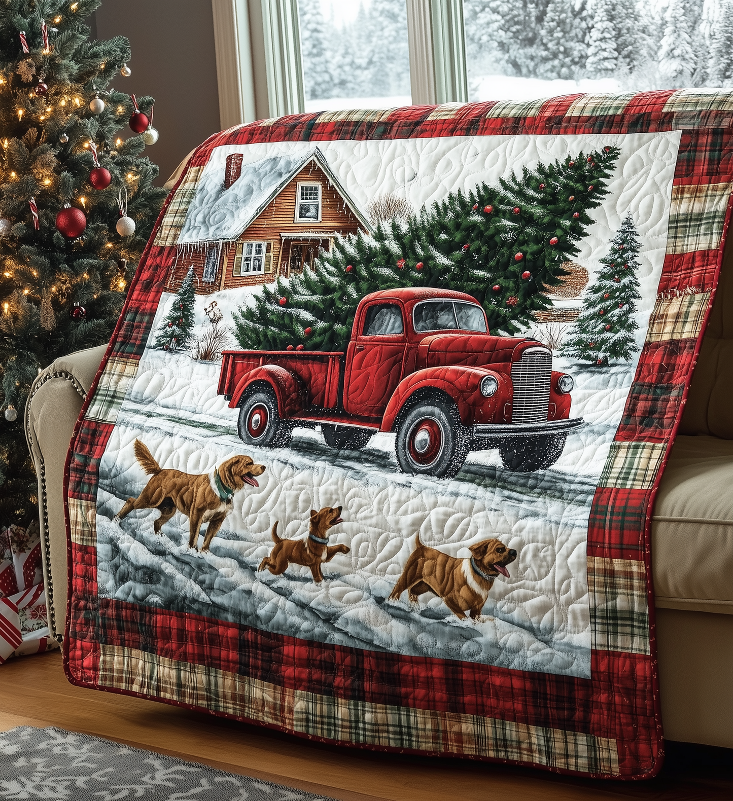 Cheerful Christmas Red Truck Quilted Blanket GFTONL192