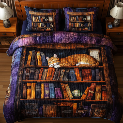 Vintage Cat Bookshelf 3-Piece Quilted Bedding Set GFTONL211