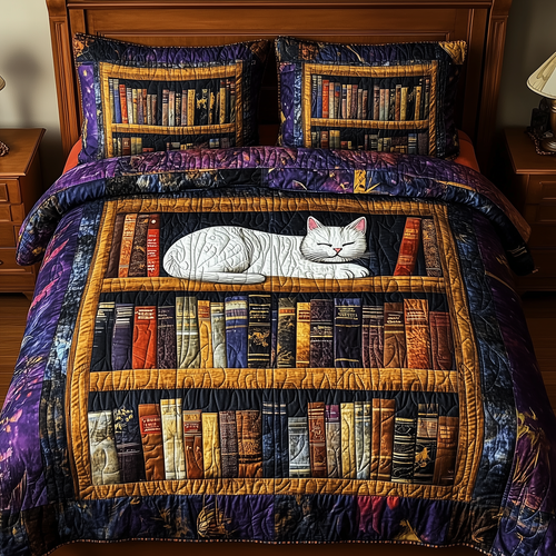 Vintage Cat Bookshelf 3-Piece Quilted Bedding Set GFTONL212