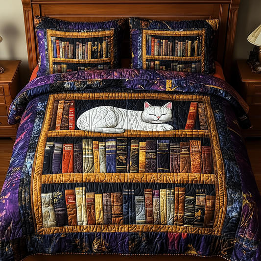 Vintage Cat Bookshelf 3-Piece Quilted Bedding Set GFTONL212