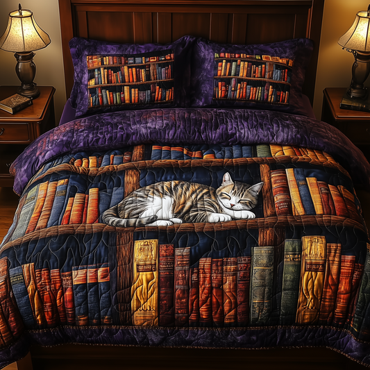 Vintage Cat Bookshelf 3-Piece Quilted Bedding Set GFTONL213