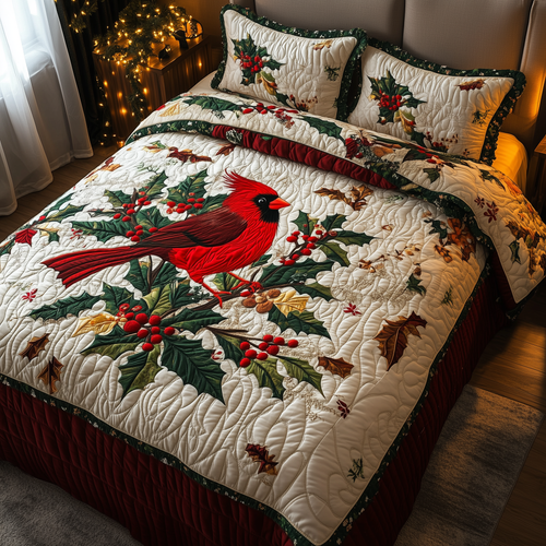 Red Cardinal Holiday 3-Piece Quilted Bedding Set GFTONL232