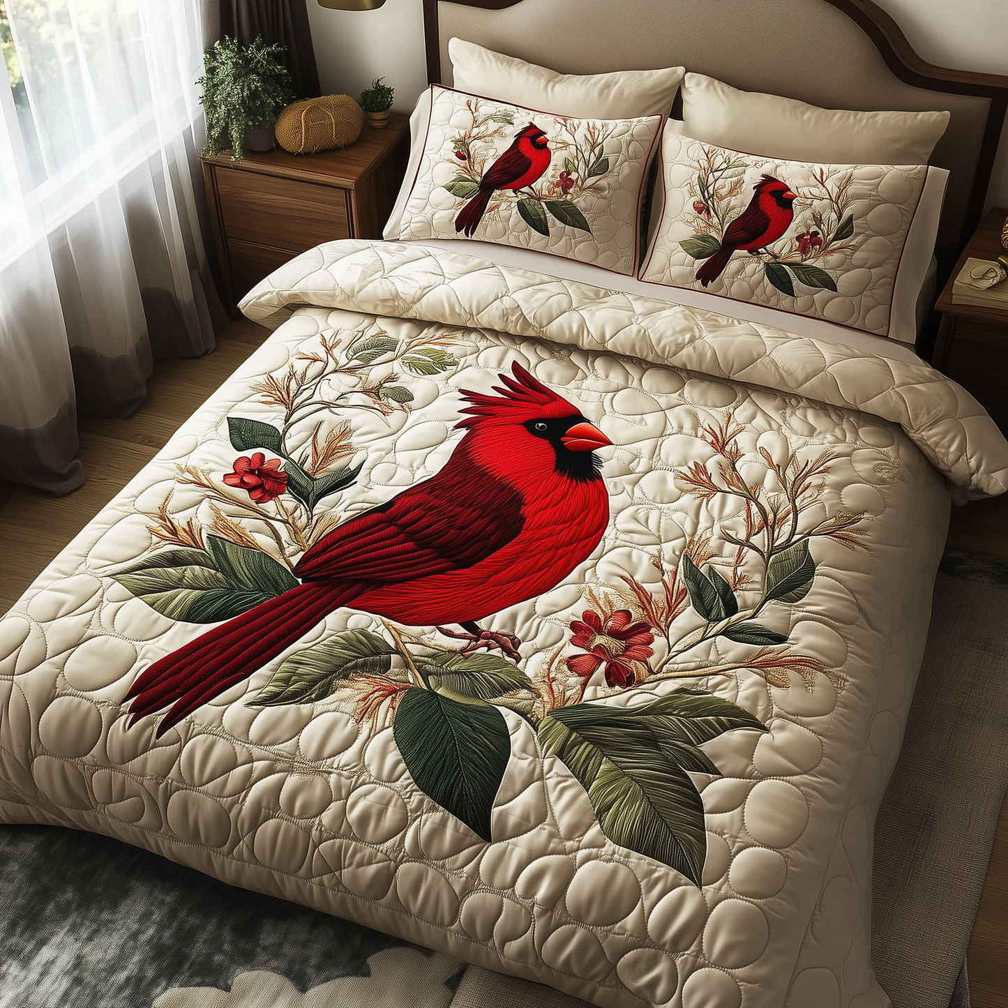 Elegant Red Cardinal 3-Piece Quilted Bedding Set GFTONL235