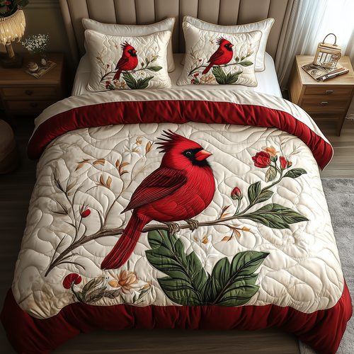 Elegant Red Cardinal 3-Piece Quilted Bedding Set GFTONL237