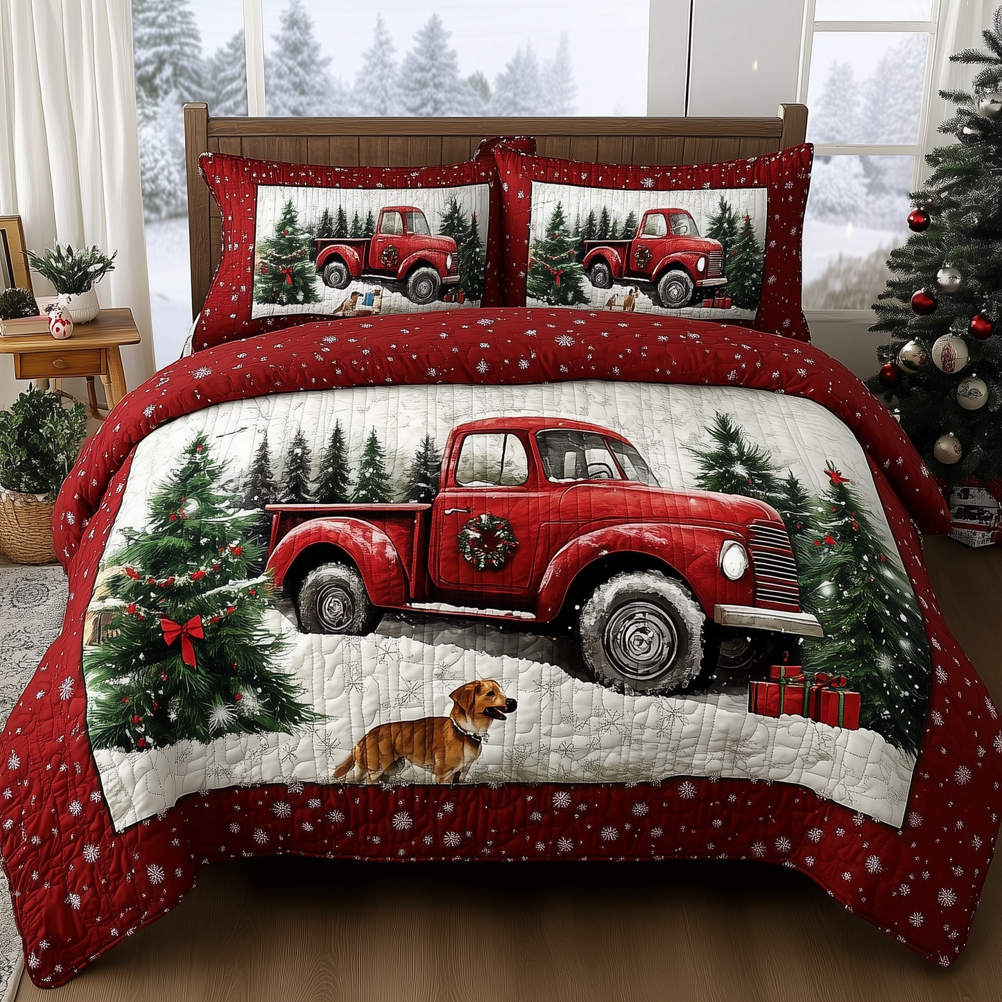 Vintage Red Truck 3-Piece Quilted Bedding Set GFTONL259