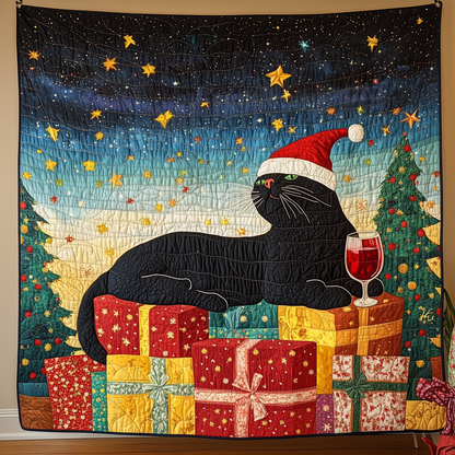 Drinking Wine Holiday Cat Quilted Blanket GFTONL273