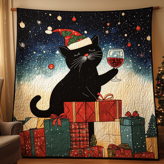 Drinking Wine Holiday Cat Quilted Blanket GFTONL275