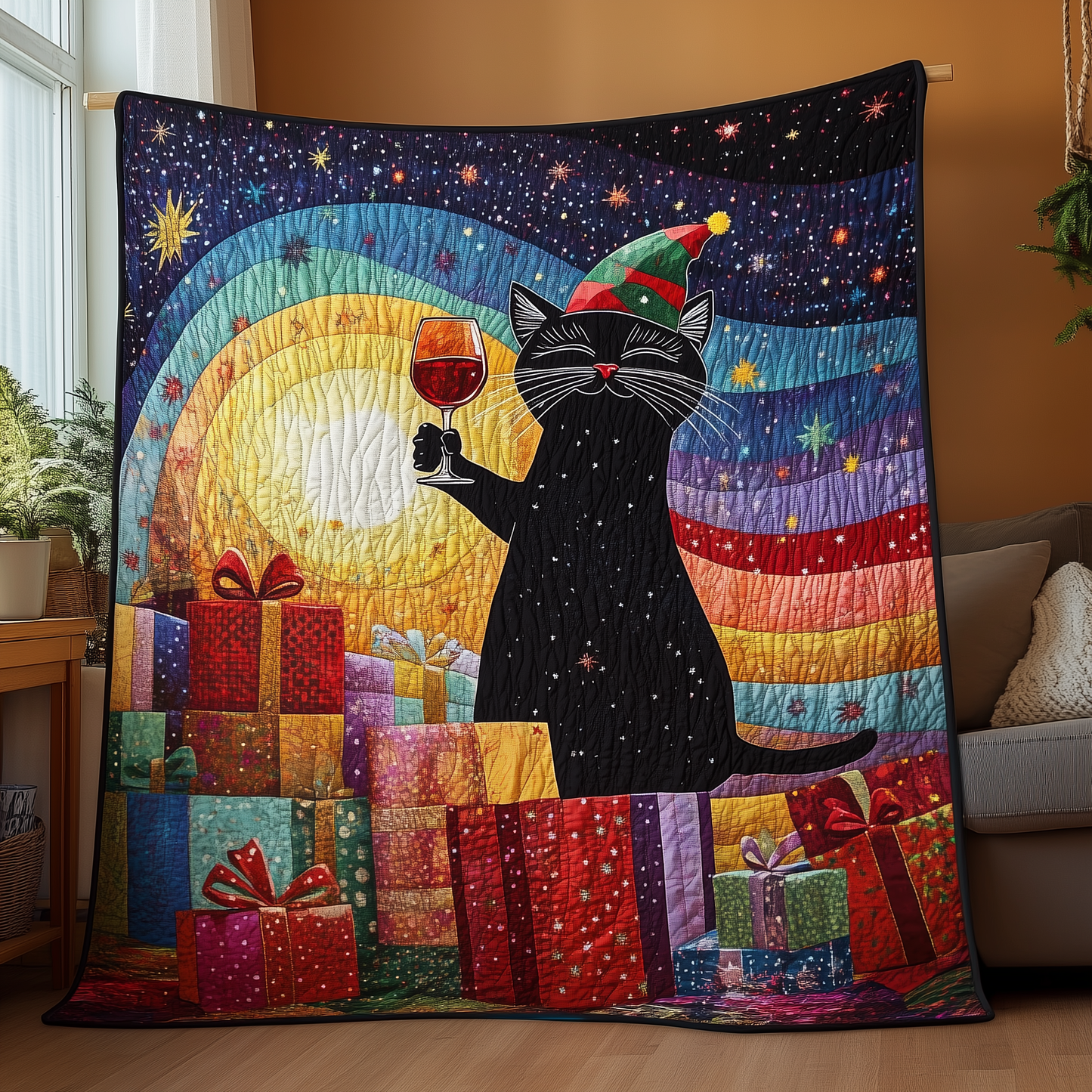 Drinking Wine Holiday Cat Quilted Blanket GFTONL276