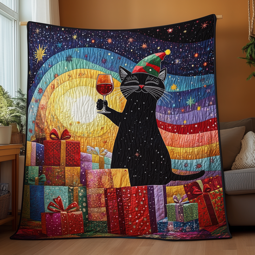 Drinking Wine Holiday Cat Quilted Blanket GFTONL276