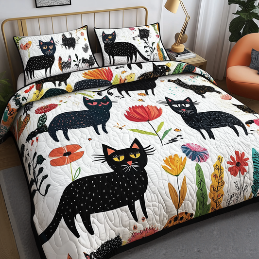 Playful Botanical Cat Quilted Bedding Set GFTONL285