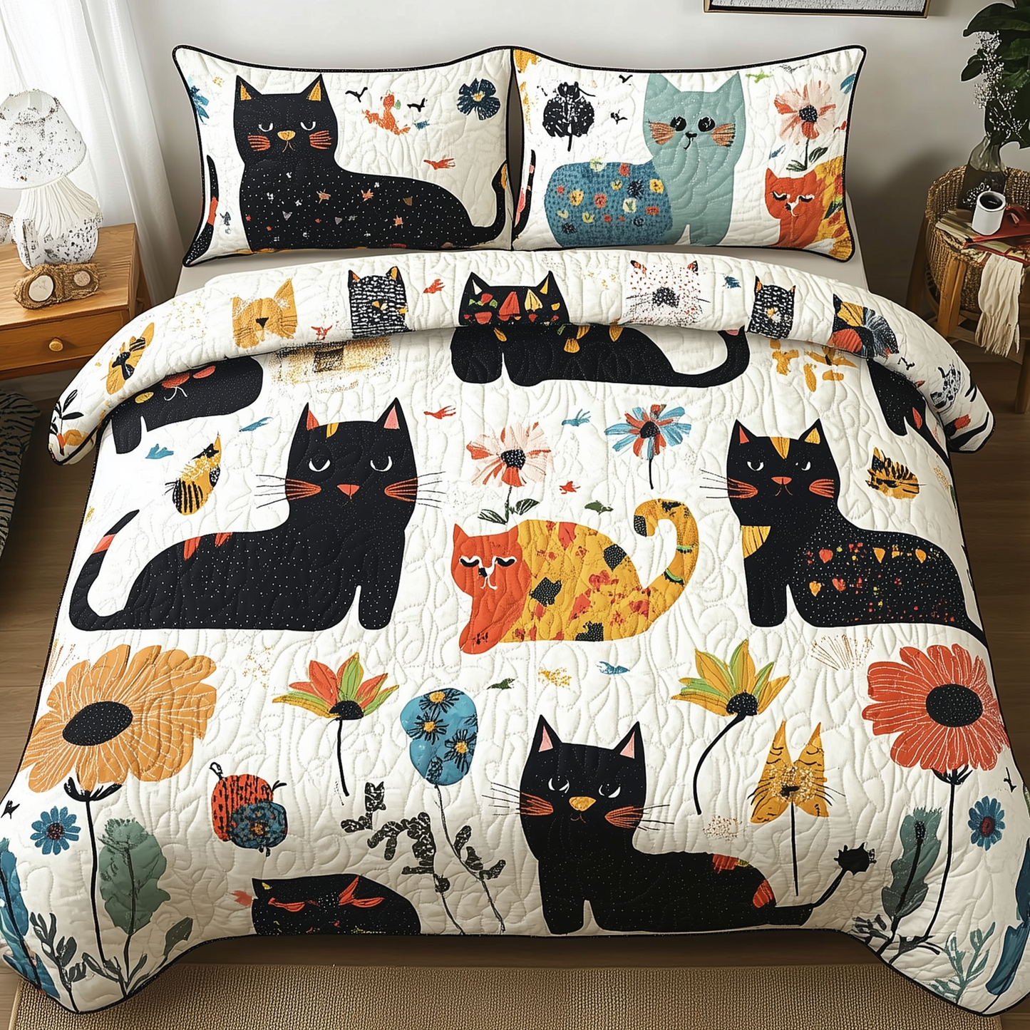 Playful Botanical Cat 3-Piece Quilted Bedding Set GFTONL286