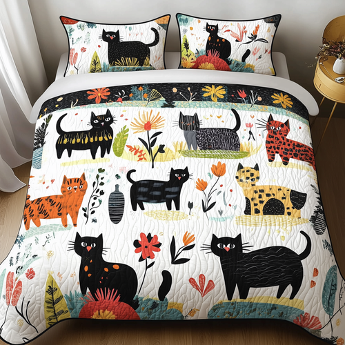 Playful Botanical Cat Quilted Bedding Set GFTONL287