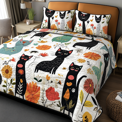 Playful Botanical Cat Quilted Bedding Set GFTONL288