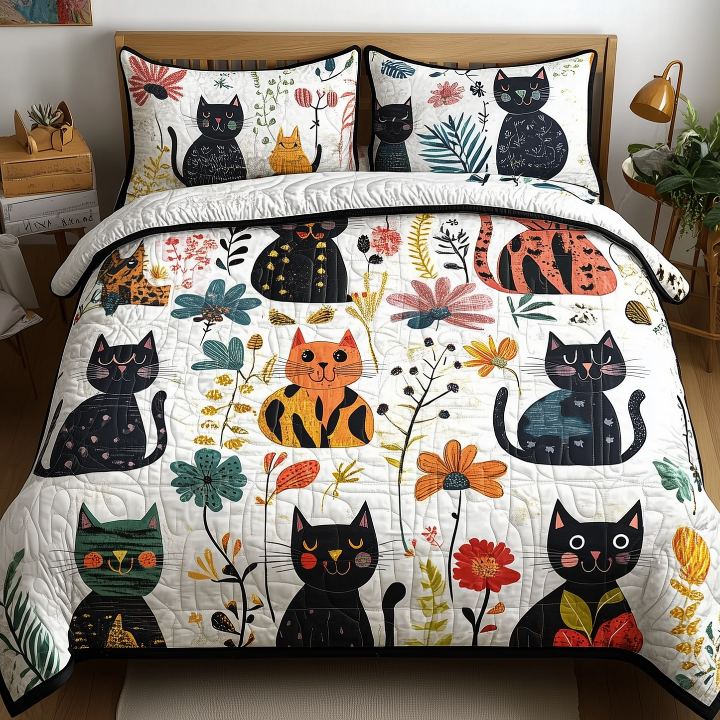 Playful Botanical Cat Quilted Bedding Set GFTONL289