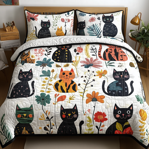 Playful Botanical Cat Quilted Bedding Set GFTONL289