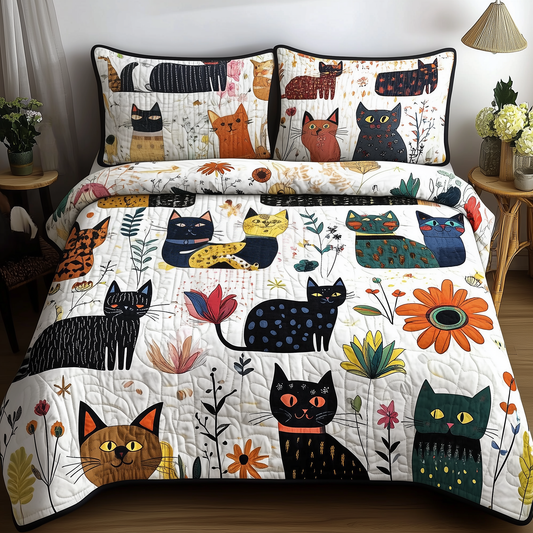 Playful Botanical Cat Quilted Bedding Set GFTONL290