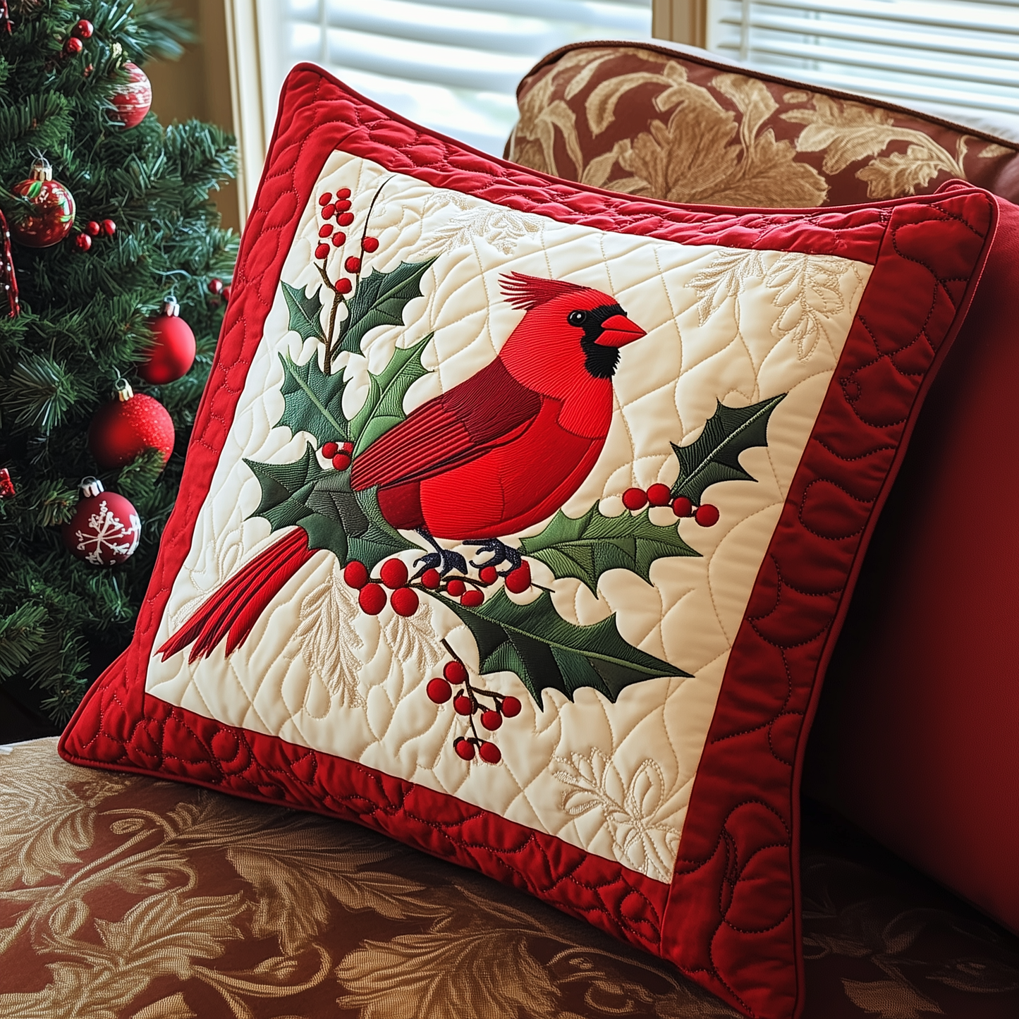 Red Cardinal Holiday Quilted Pillow Case GFTONL348