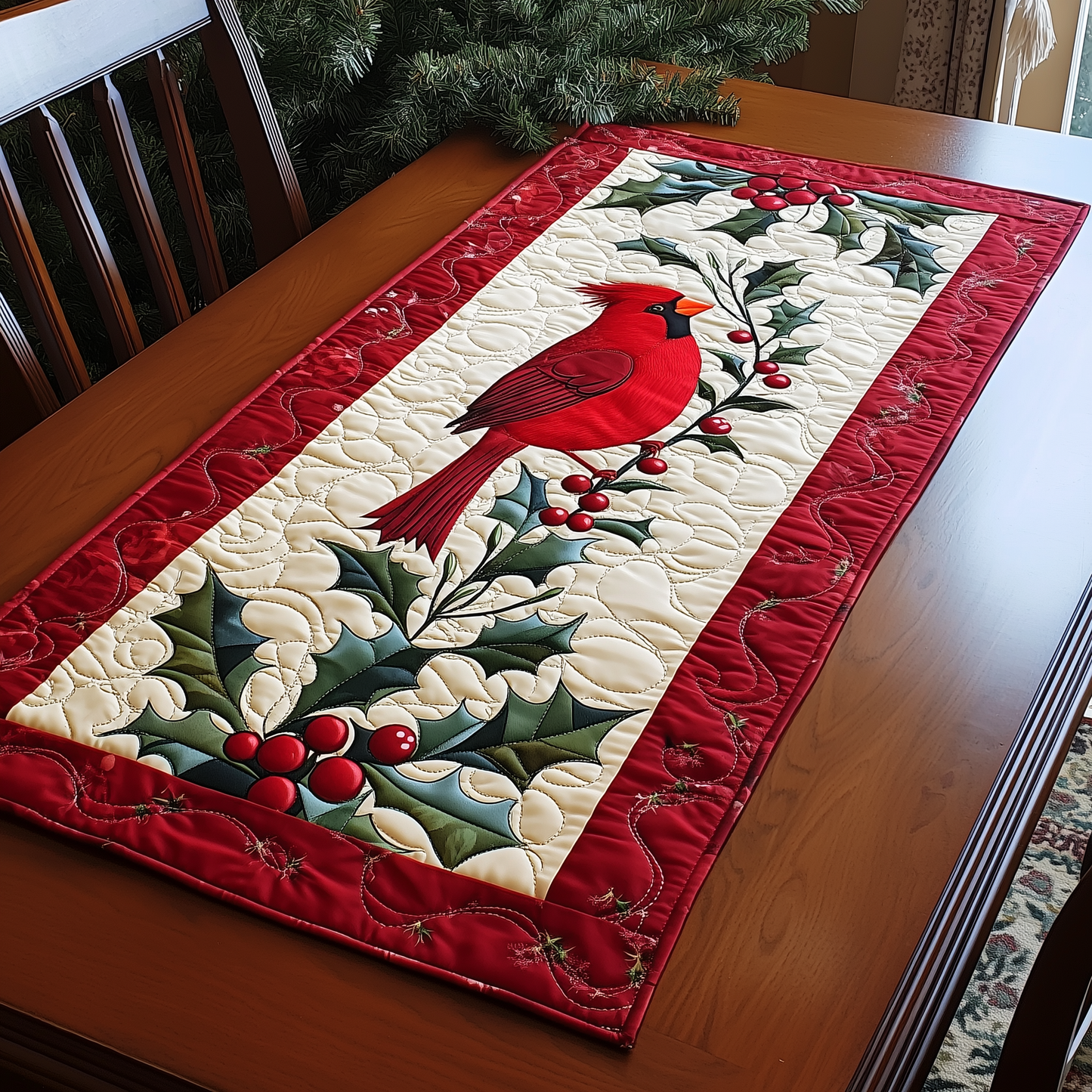 Holly Cardinal Quilted Table Runner GFTONL354