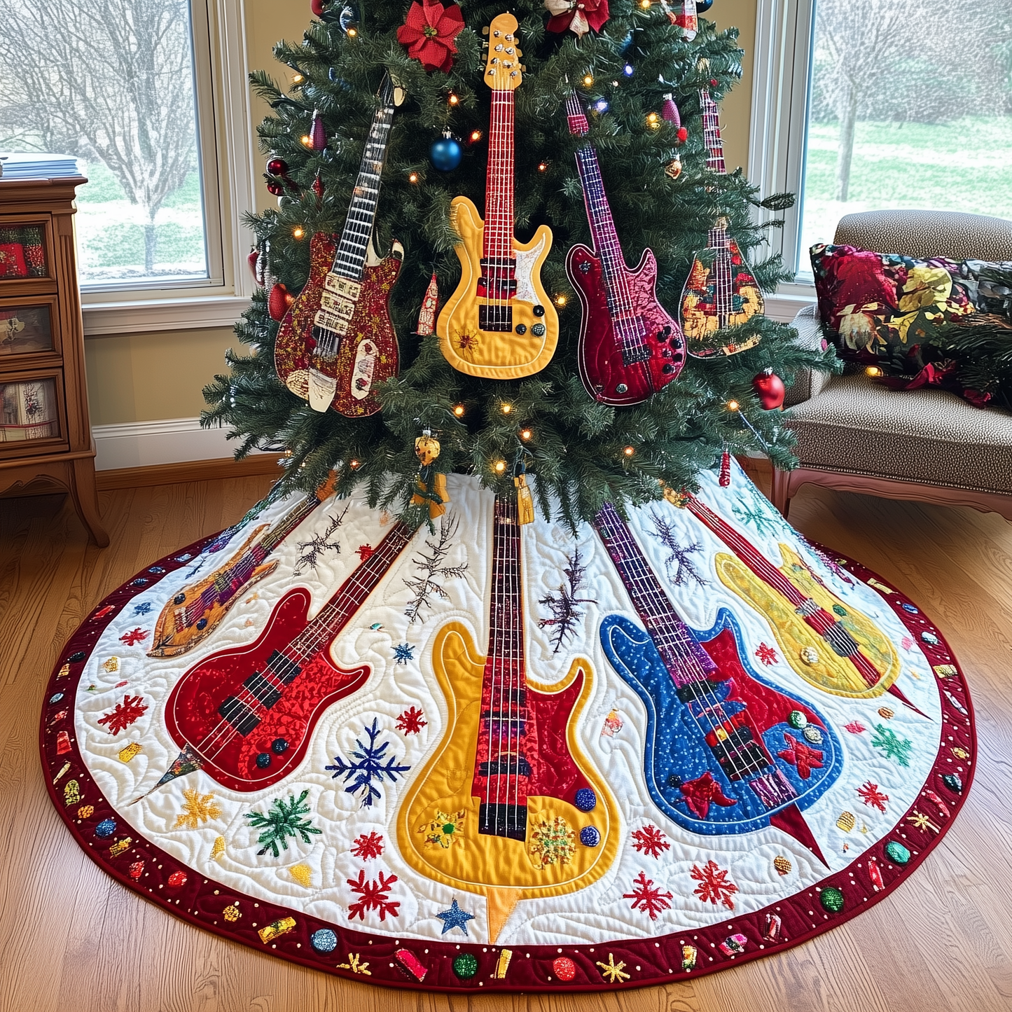 Festive Guitars Quilted Tree Skirt GFTONL740