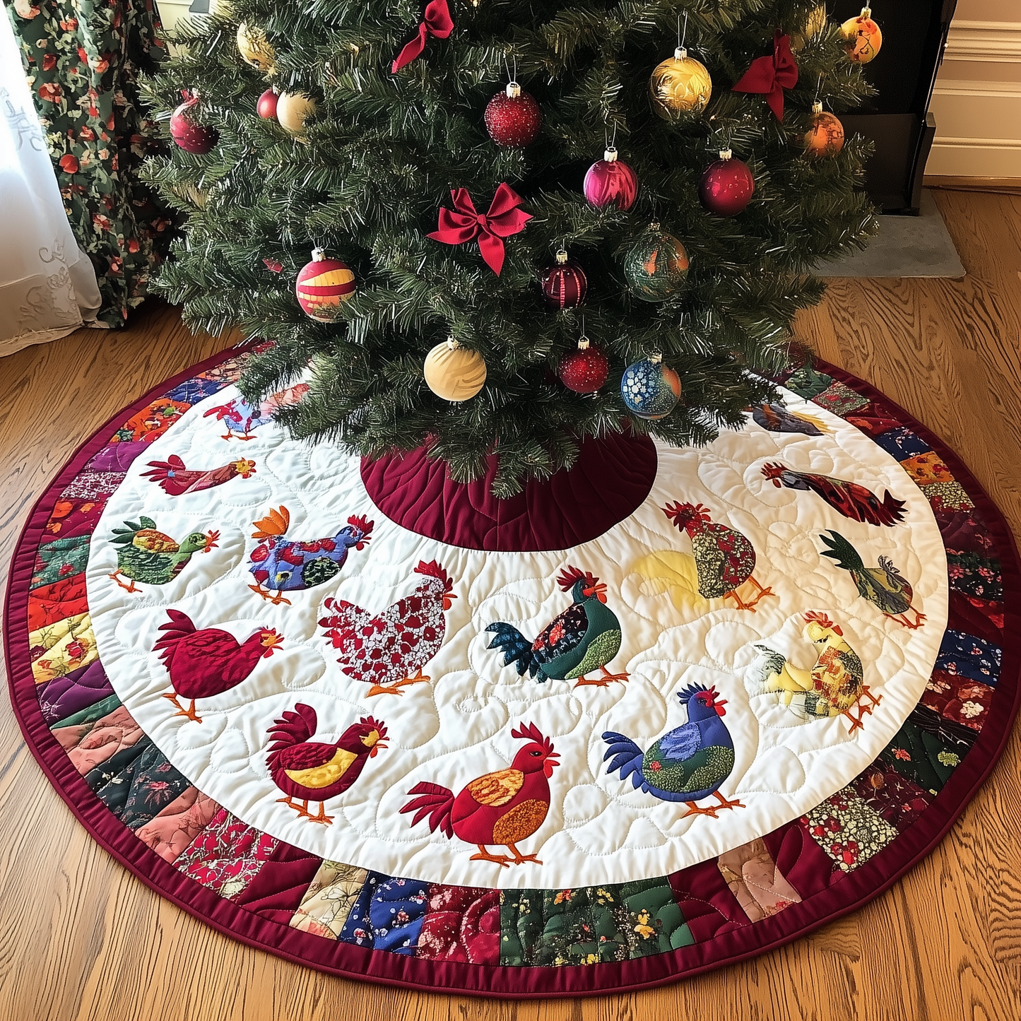 Festive Chicken Christmas Quilted Tree Skirt GFTONL792