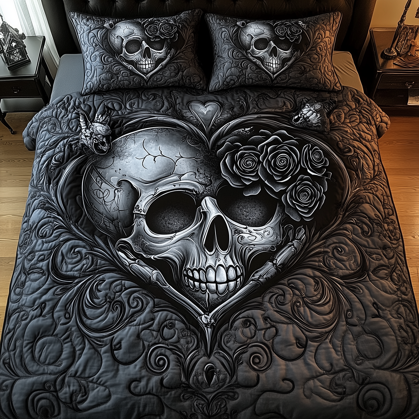 Black Skull Couple 3-Piece Quilted Bedding Set GFTOTL1377