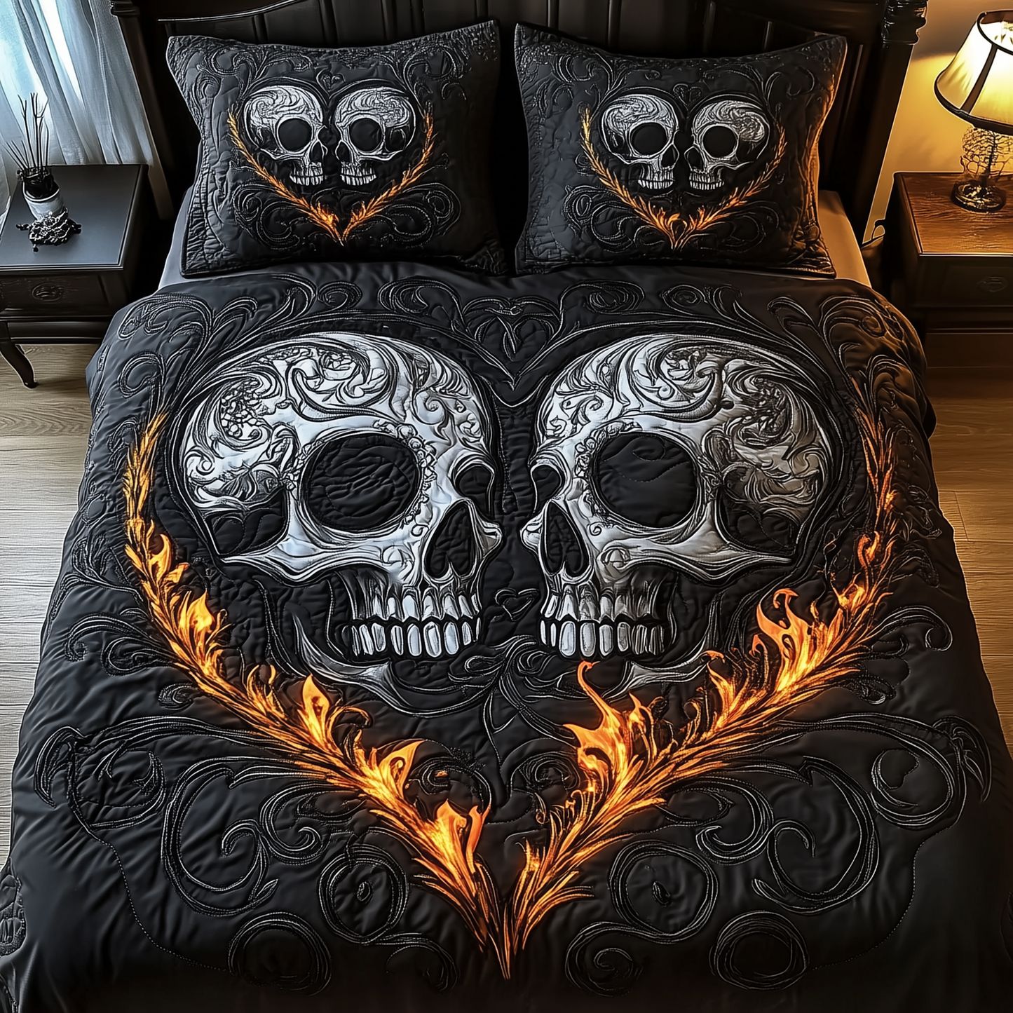 Black Skull Couple 3-Piece Quilted Bedding Set GFTOTL1378