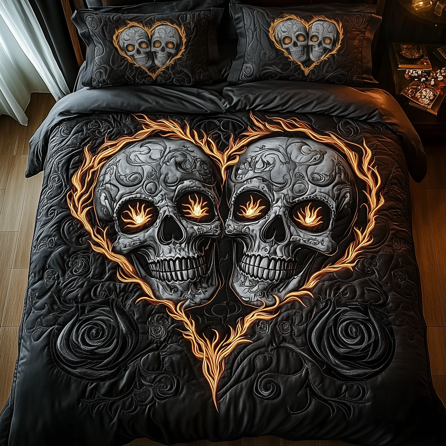 Black Skull Couple 3-Piece Quilted Bedding Set GFTOTL1379