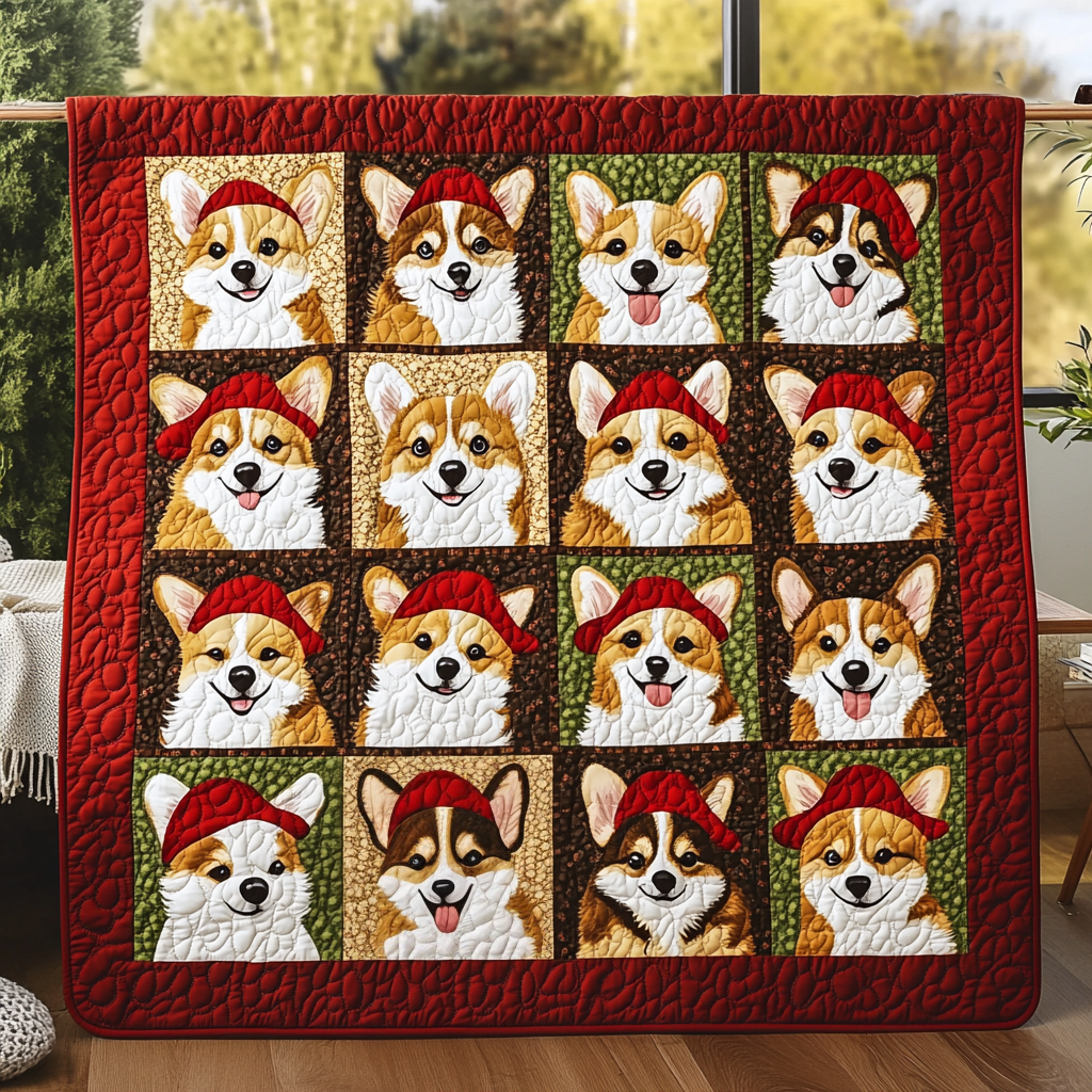 Red Hat Baby Corgi Quilted Blanket GFTOTL153