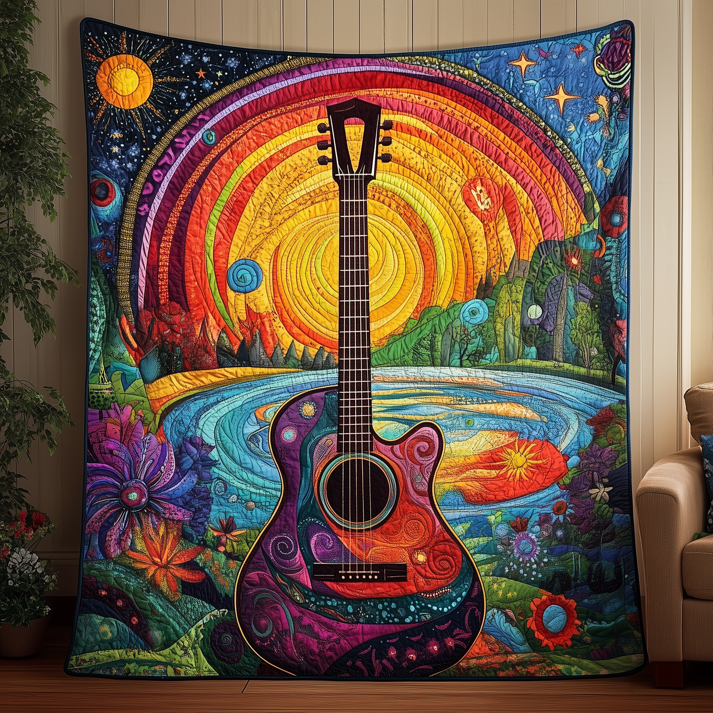 Guitar Peace Sign Quilted Blanket GFTOTL657