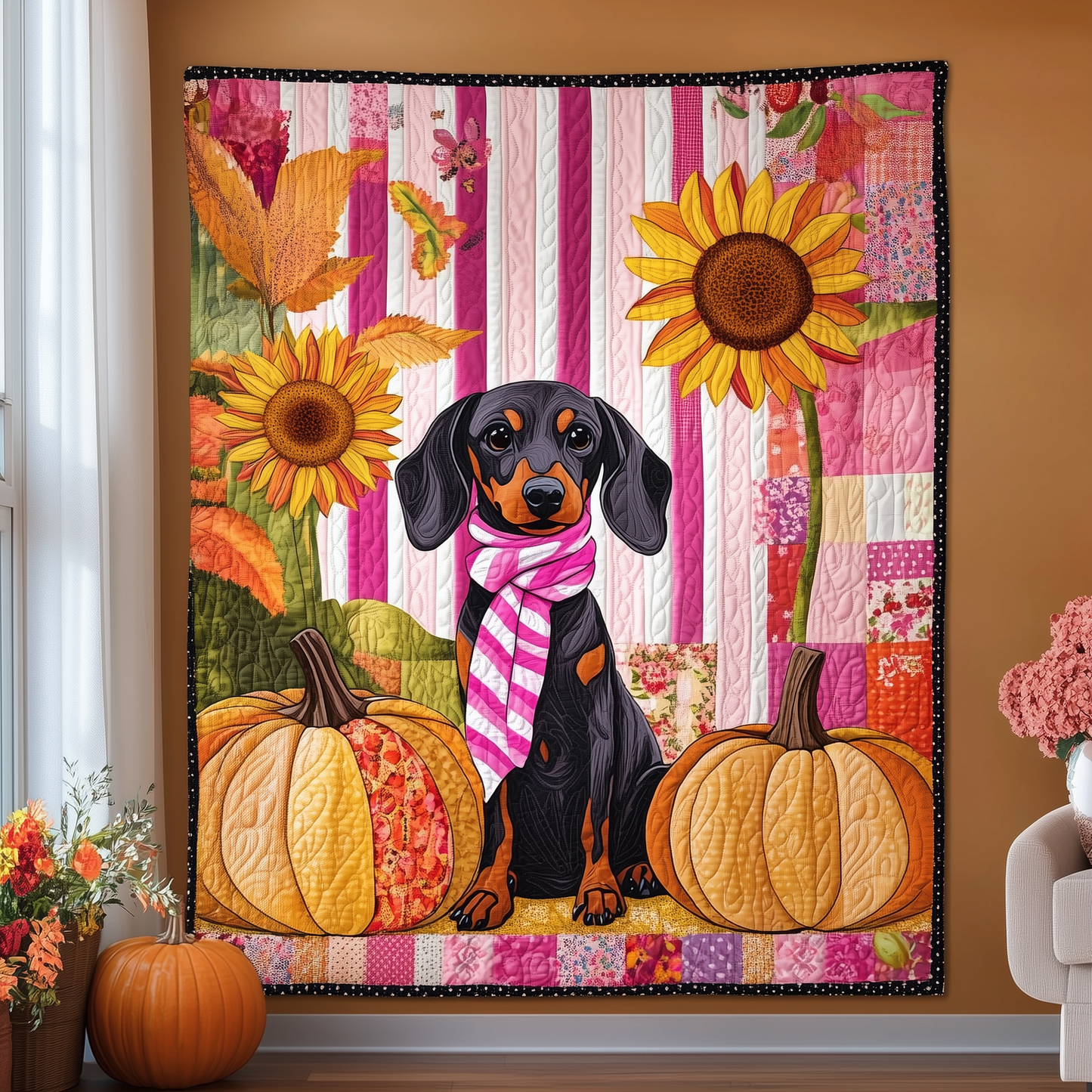 Dachshund Pink Fall Quilted Blanket GFTOTL856