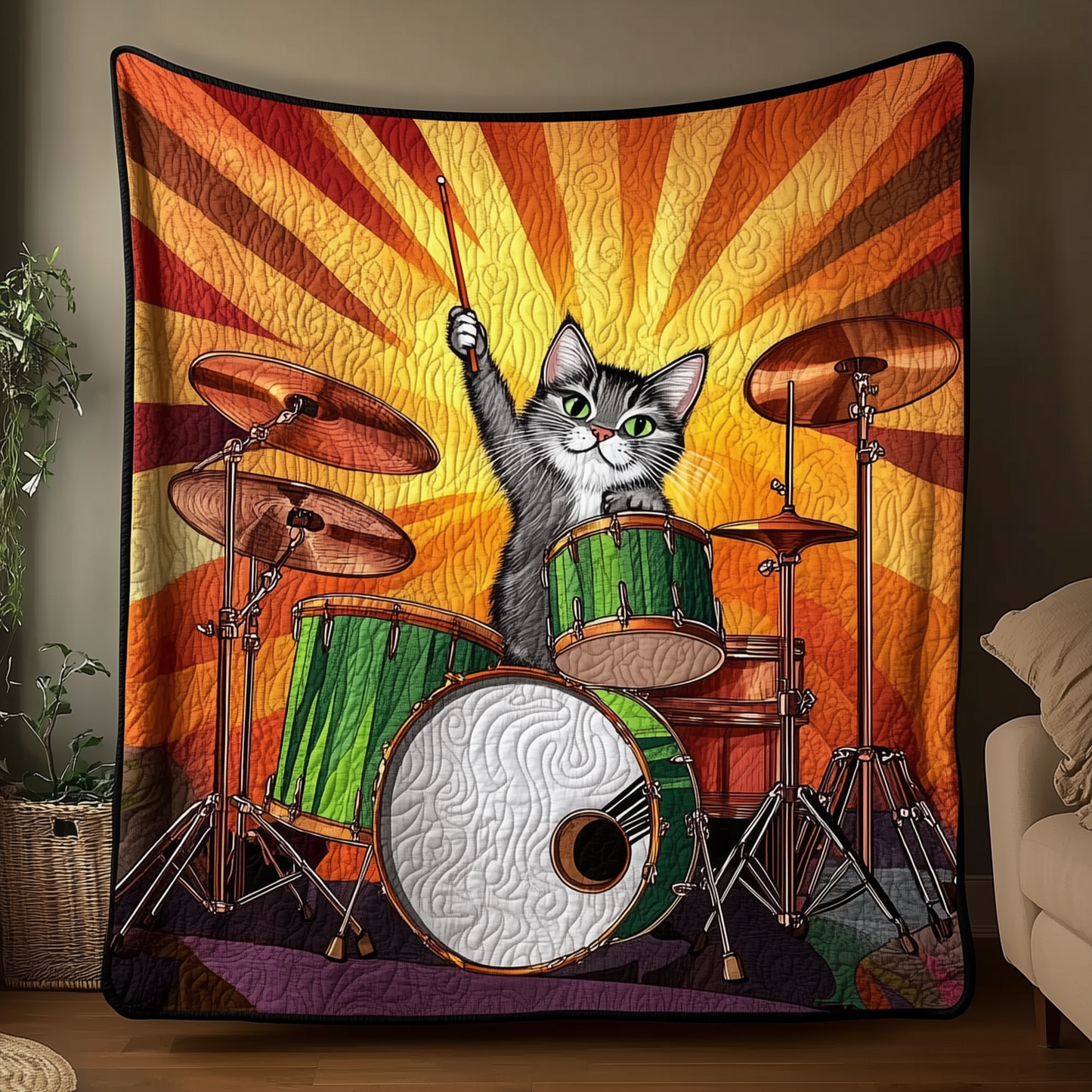 Cat Playing Drums Quilted Blanket GFTOTL876