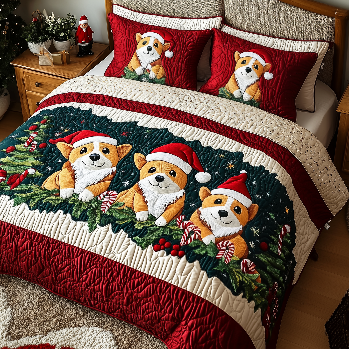 Christmas Corgi 3-Piece Quilted Bedding Set GFTOTP085