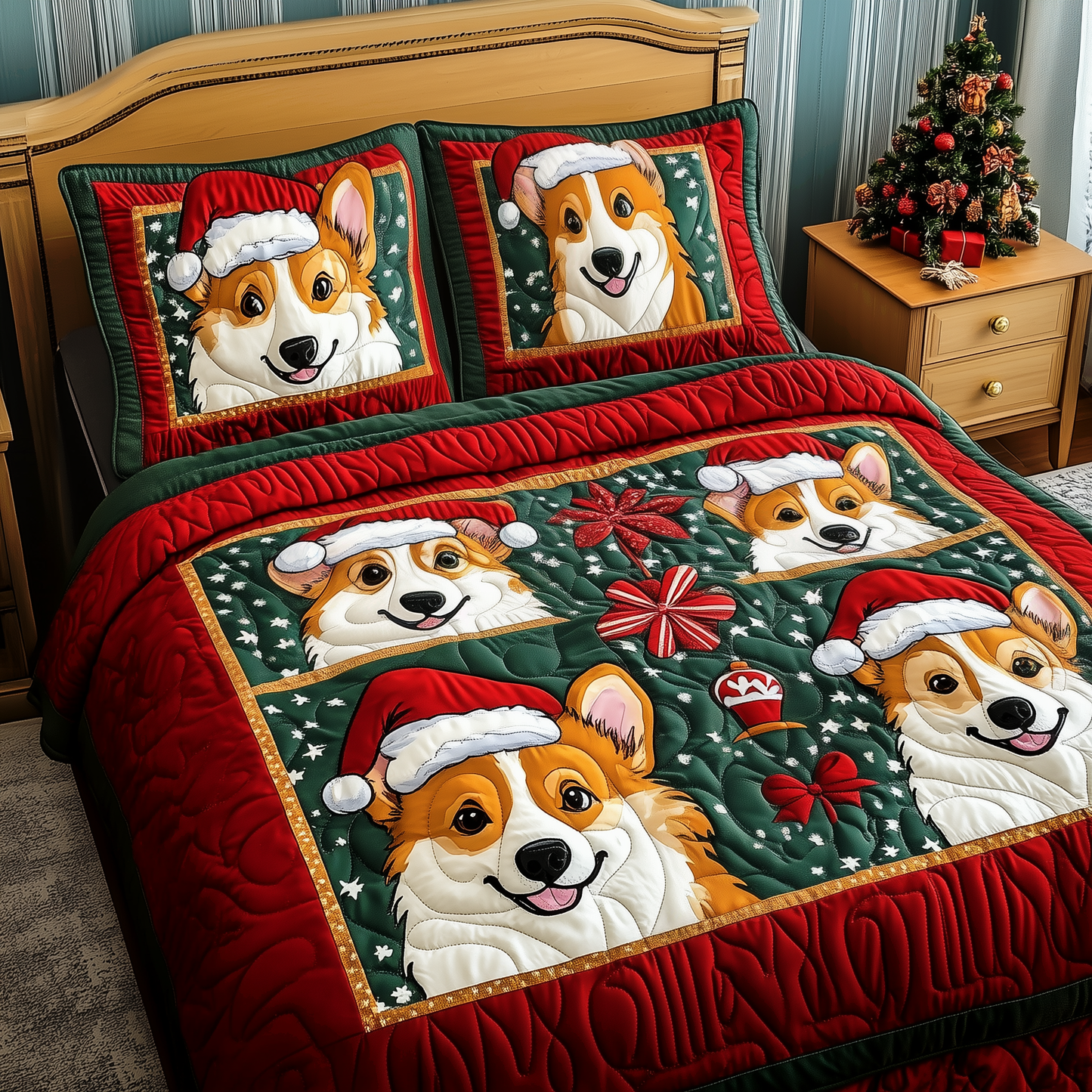 Christmas Corgi 3-Piece Quilted Bedding Set GFTOTP087