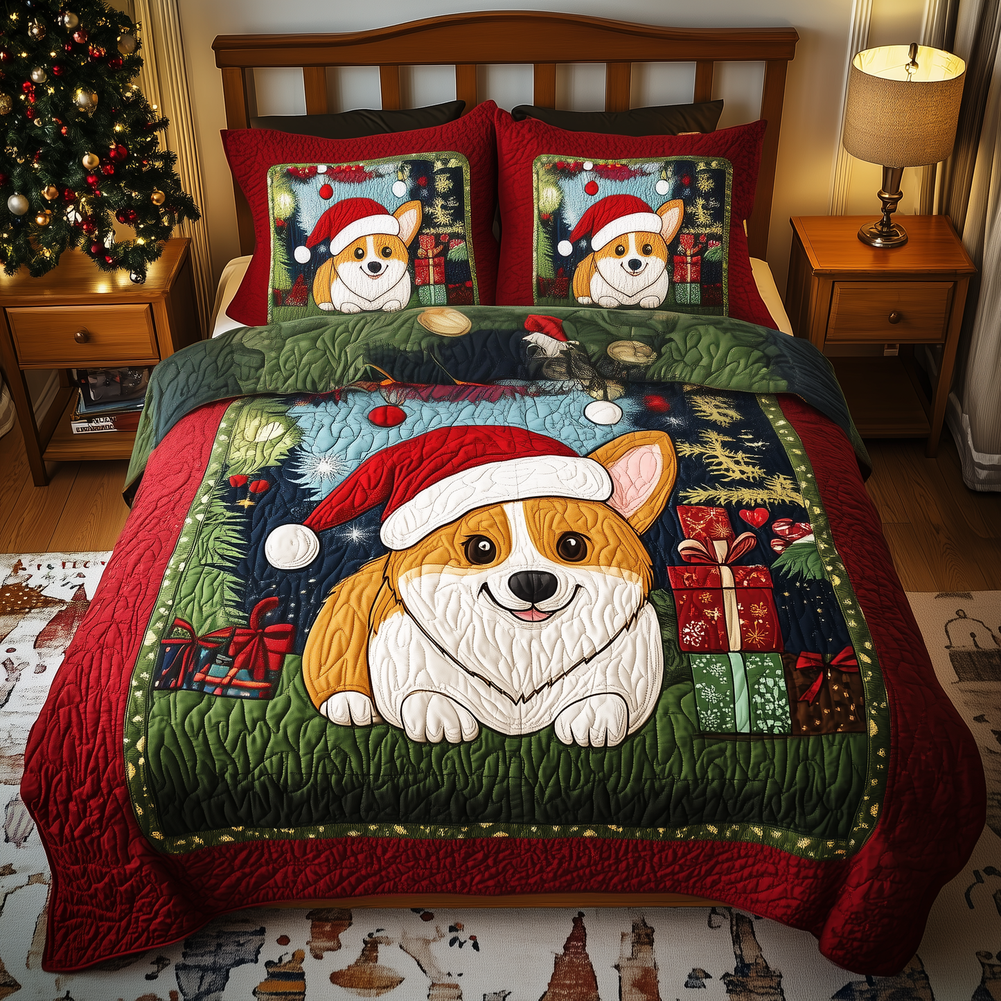 Christmas Corgi 3-Piece Quilted Bedding Set GFTOTP089